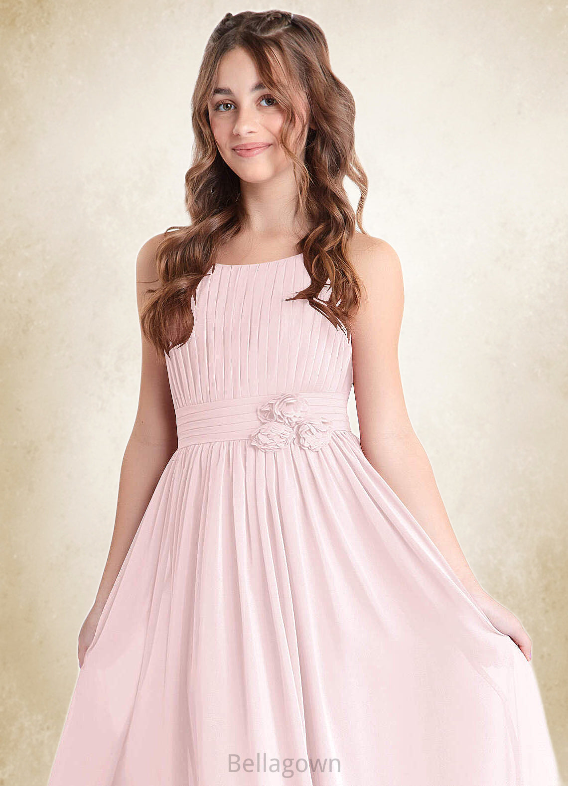 Lea A-Line Floral Chiffon Floor-Length Junior Bridesmaid Dress Blushing Pink DNP0022851