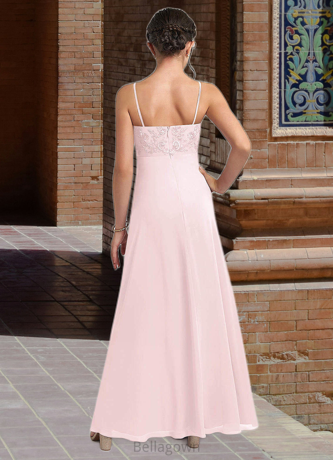 Thalia A-Line Lace Chiffon Floor-Length Junior Bridesmaid Dress Blushing Pink DNP0022853