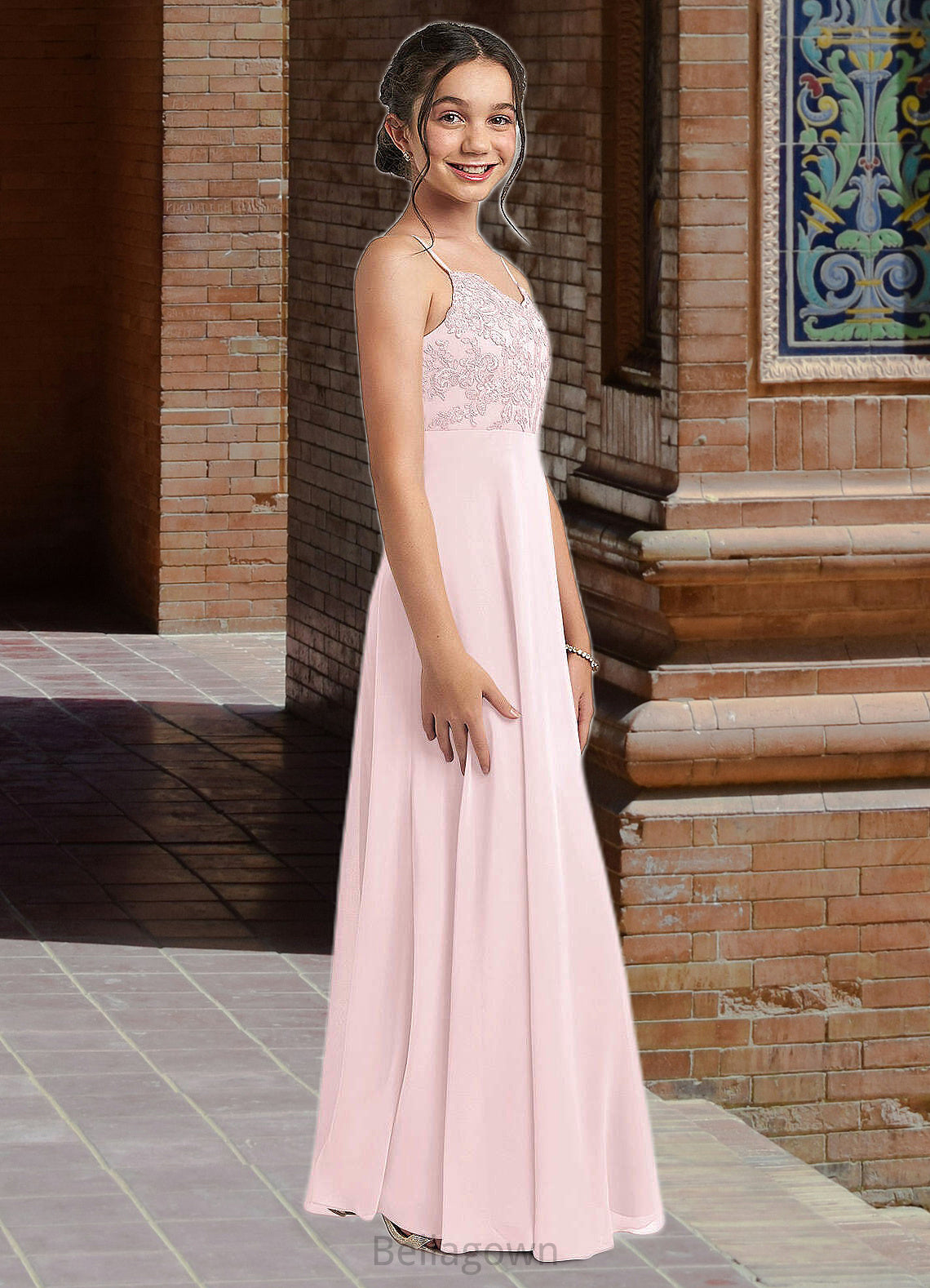 Thalia A-Line Lace Chiffon Floor-Length Junior Bridesmaid Dress Blushing Pink DNP0022853