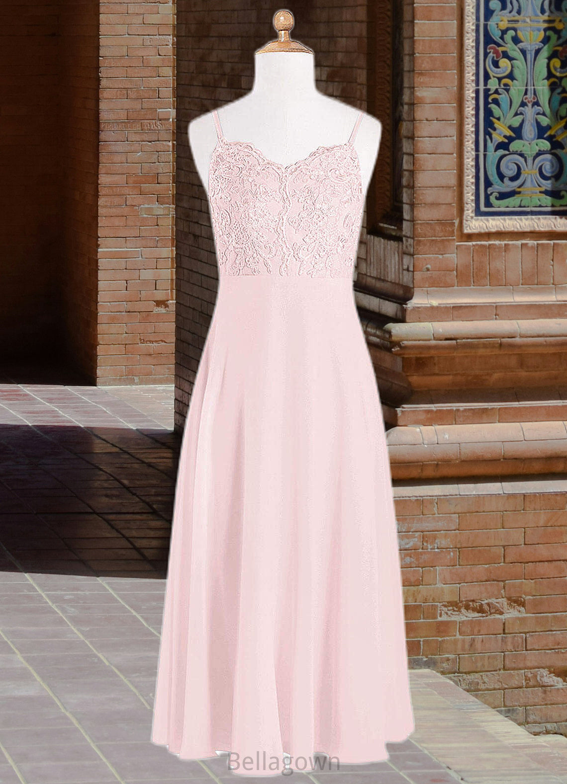 Thalia A-Line Lace Chiffon Floor-Length Junior Bridesmaid Dress Blushing Pink DNP0022853