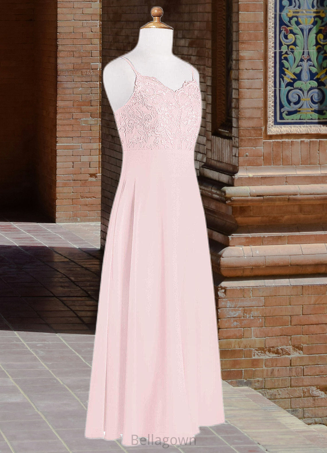 Thalia A-Line Lace Chiffon Floor-Length Junior Bridesmaid Dress Blushing Pink DNP0022853