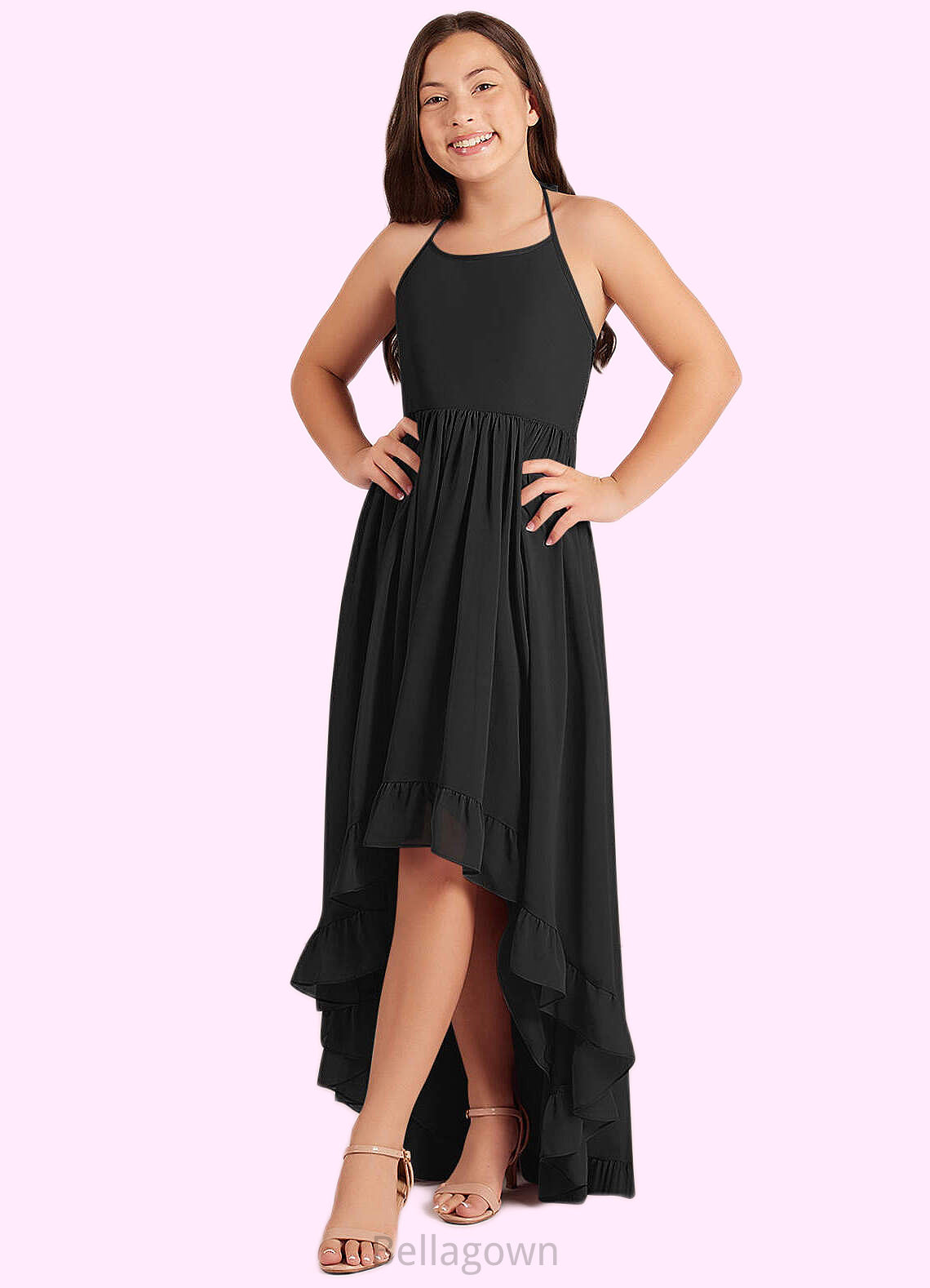 Addisyn A-Line Lace Chiffon Asymmetrical Junior Bridesmaid Dress black DNP0022855