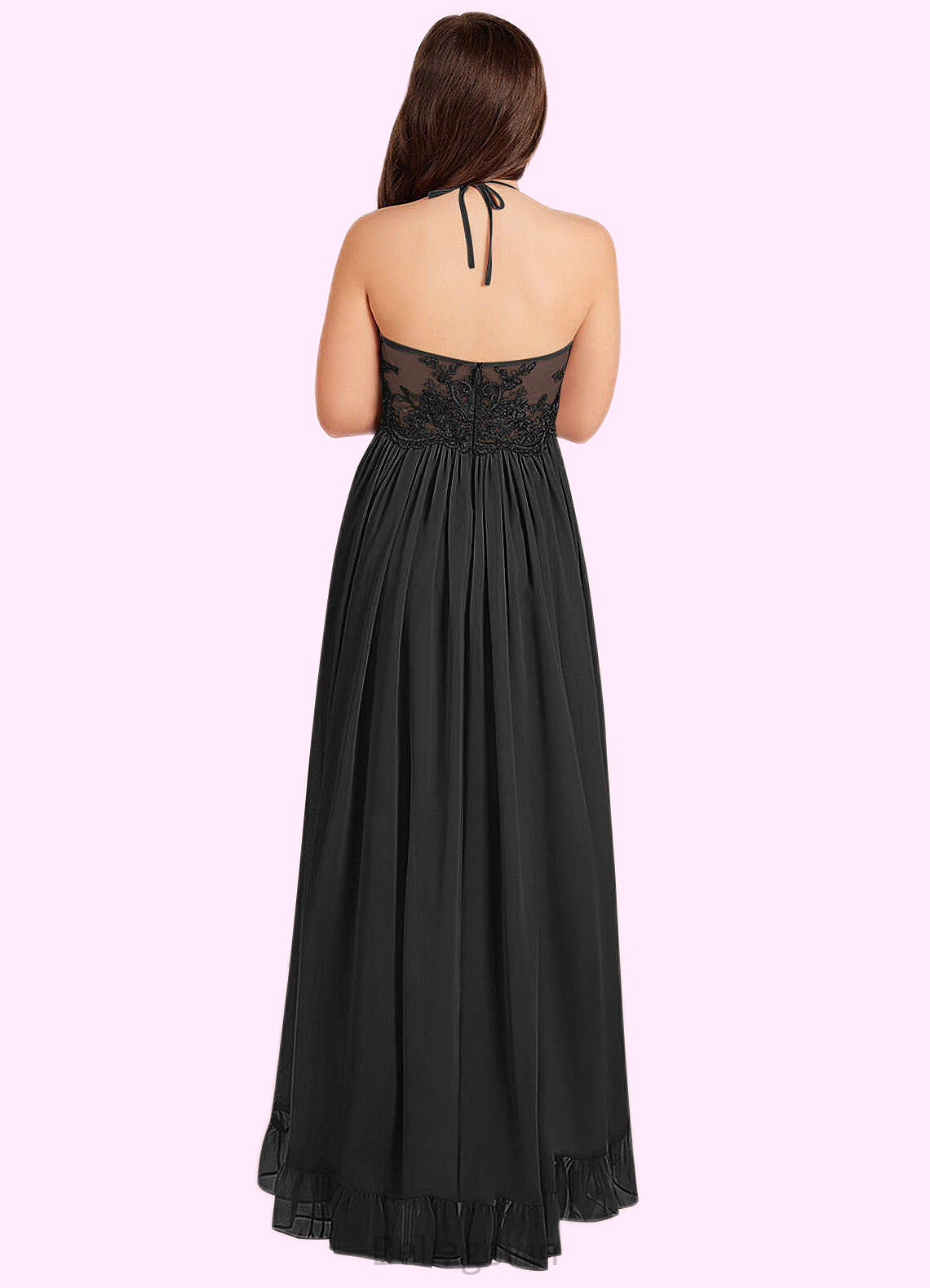 Addisyn A-Line Lace Chiffon Asymmetrical Junior Bridesmaid Dress black DNP0022855