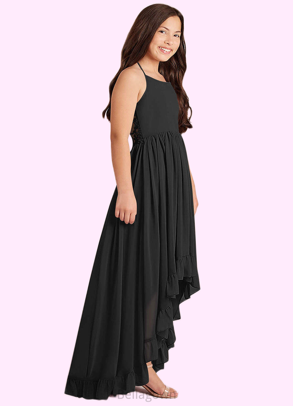 Addisyn A-Line Lace Chiffon Asymmetrical Junior Bridesmaid Dress black DNP0022855