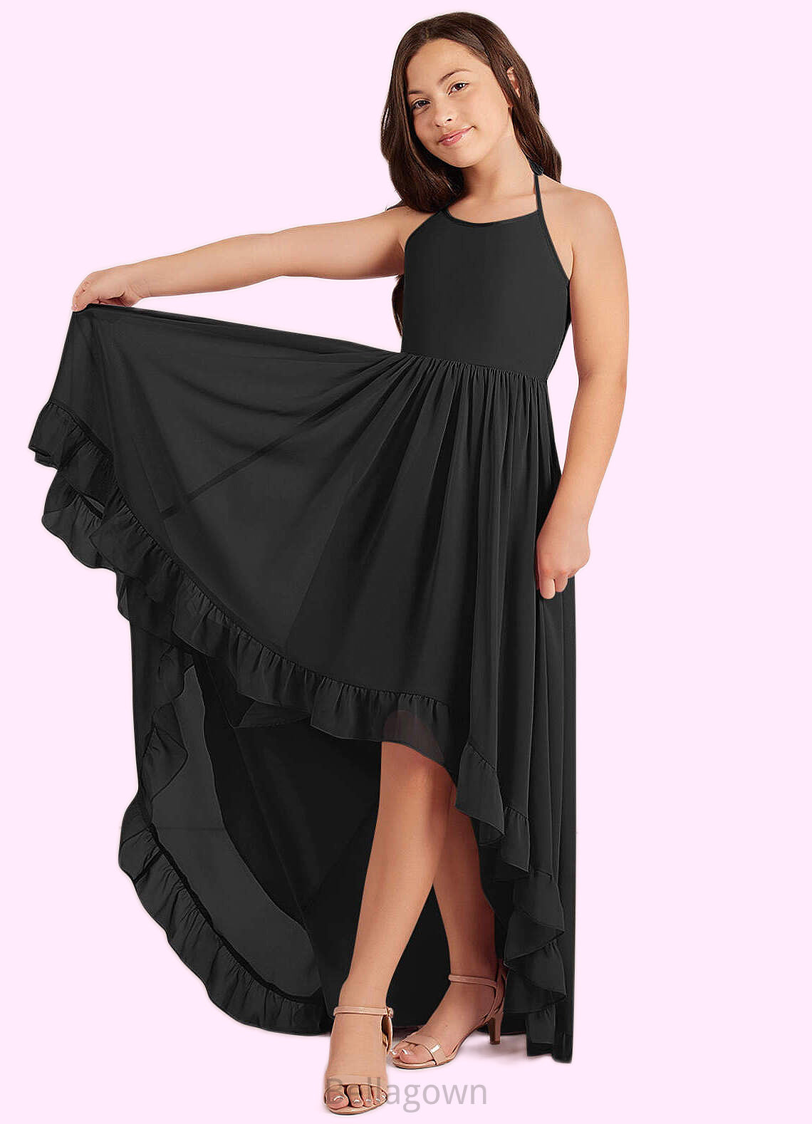 Addisyn A-Line Lace Chiffon Asymmetrical Junior Bridesmaid Dress black DNP0022855