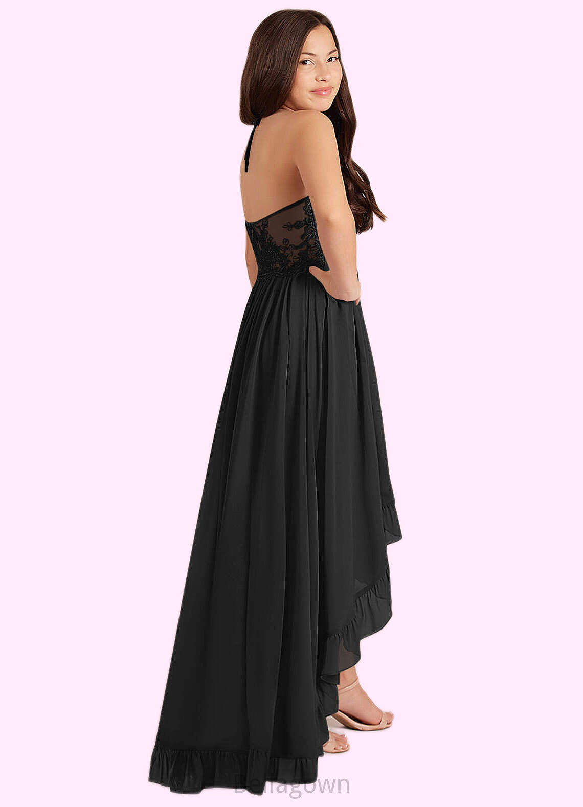 Addisyn A-Line Lace Chiffon Asymmetrical Junior Bridesmaid Dress black DNP0022855