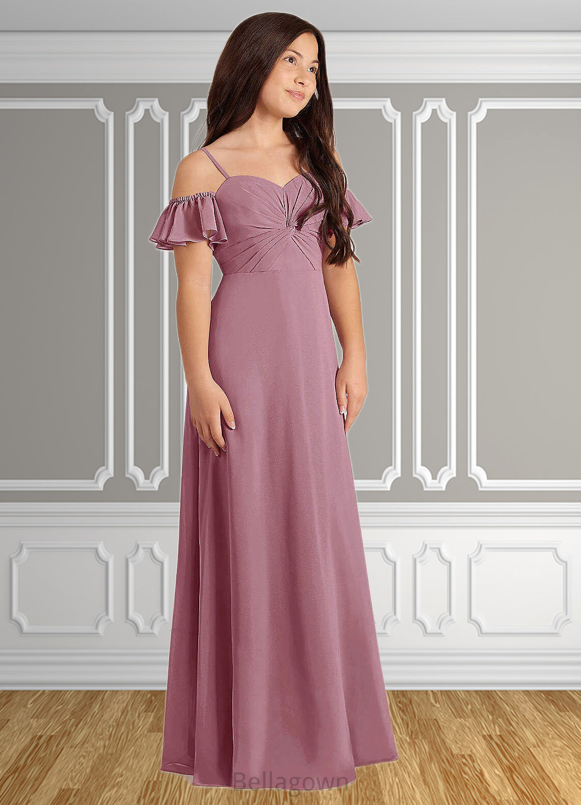 June A-Line Off the Shoulder Chiffon Floor-Length Junior Bridesmaid Dress Vintage Mauve DNP0022859