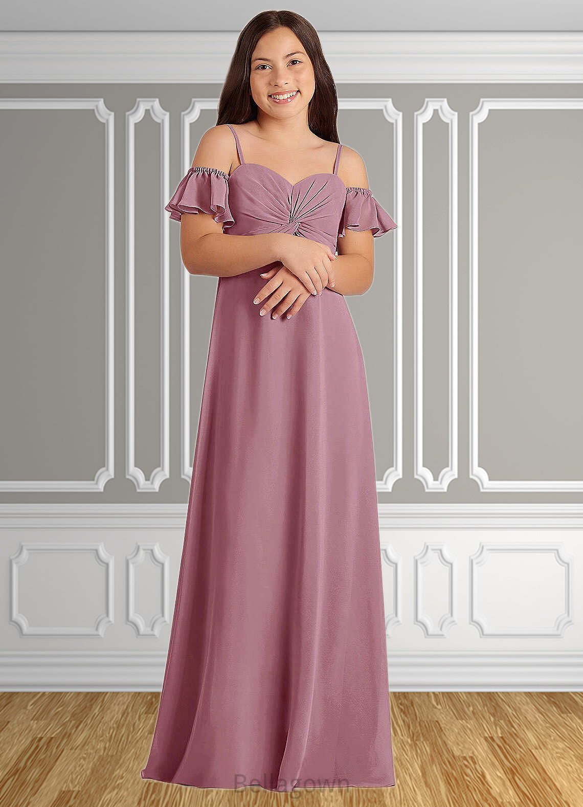 June A-Line Off the Shoulder Chiffon Floor-Length Junior Bridesmaid Dress Vintage Mauve DNP0022859