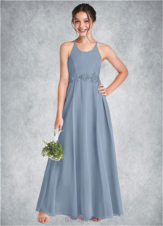 Jazlyn A-Line Lace Chiffon Floor-Length Junior Bridesmaid Dress dusty blue DNP0022860