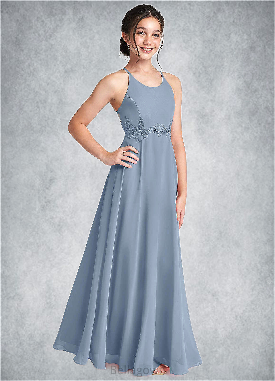 Jazlyn A-Line Lace Chiffon Floor-Length Junior Bridesmaid Dress dusty blue DNP0022860