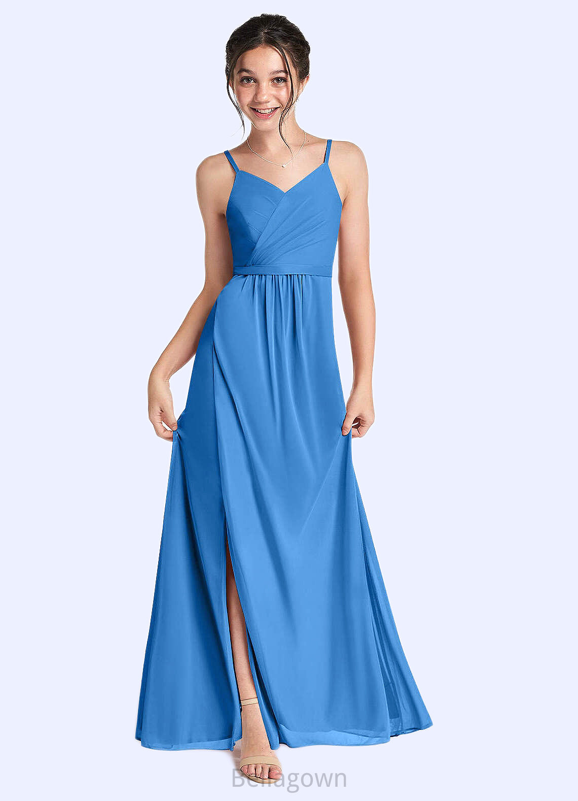 Kaylie Pleated Mesh Floor-Length Junior Bridesmaid Dress Blue Jay DNP0022861