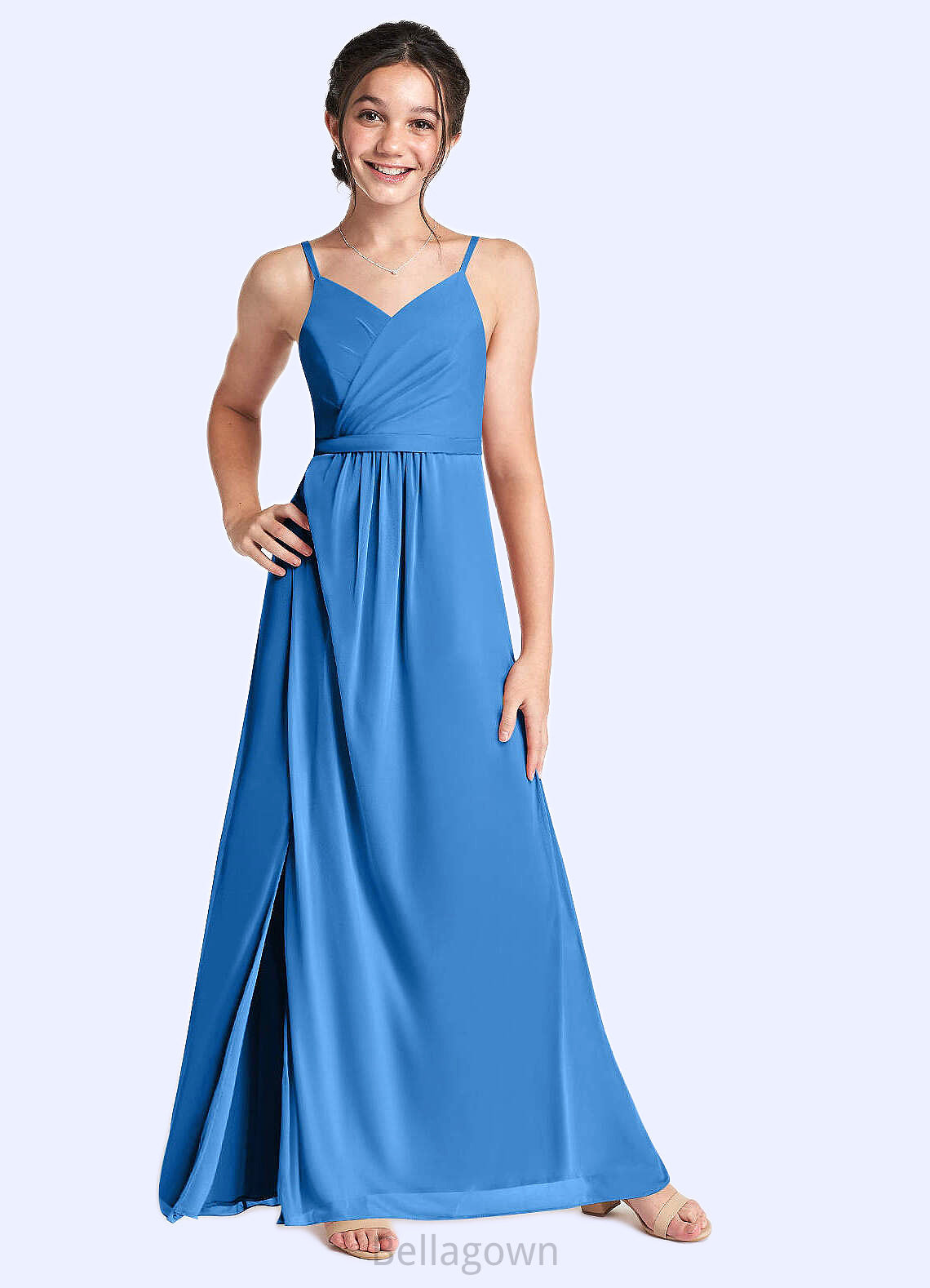 Kaylie Pleated Mesh Floor-Length Junior Bridesmaid Dress Blue Jay DNP0022861