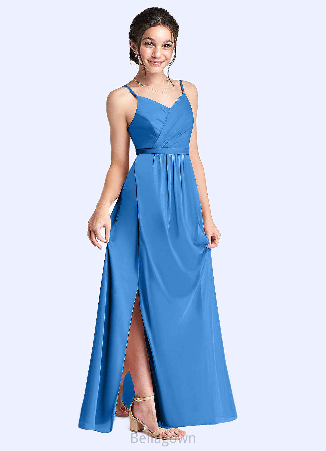 Kaylie Pleated Mesh Floor-Length Junior Bridesmaid Dress Blue Jay DNP0022861