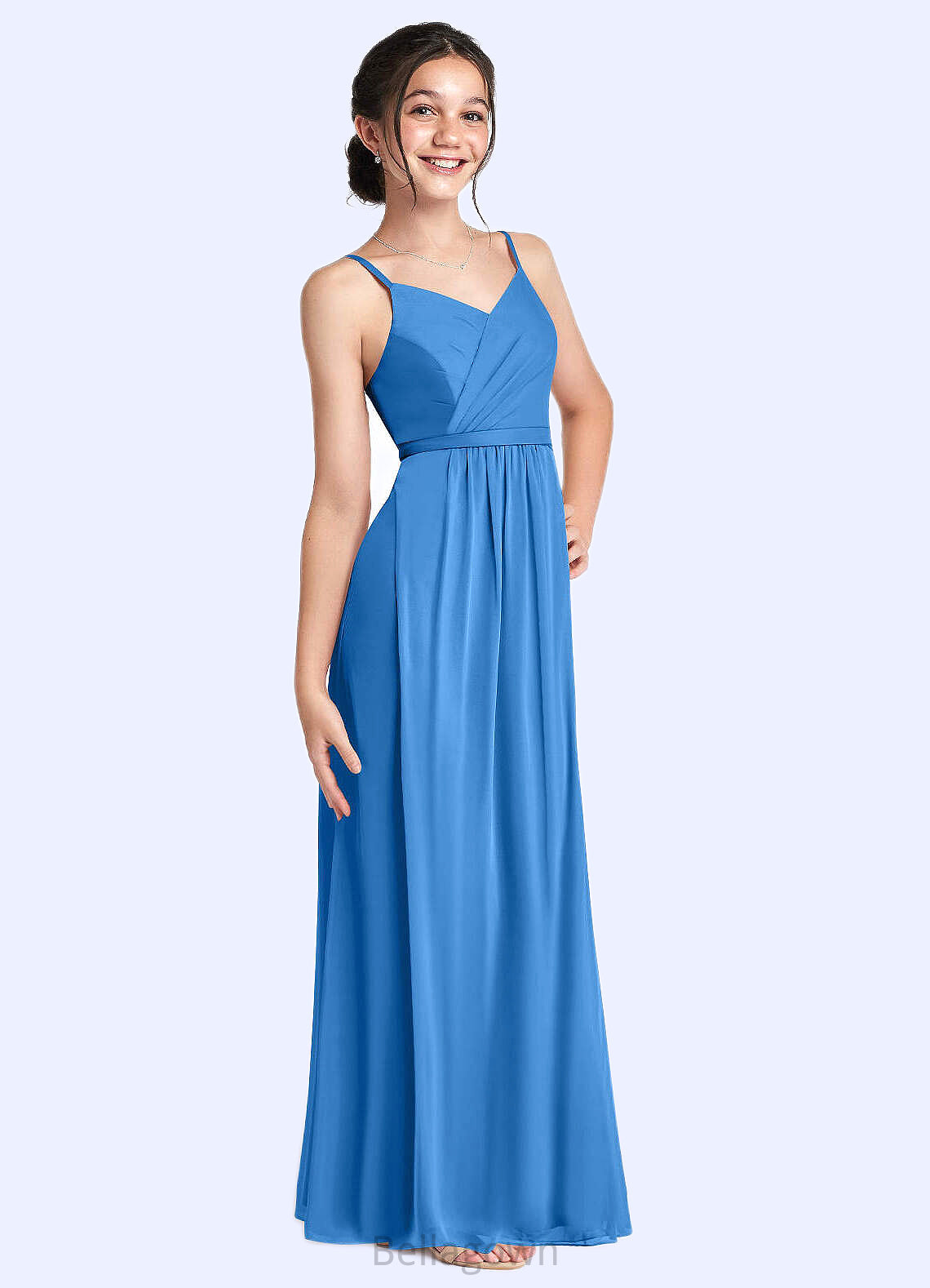 Kaylie Pleated Mesh Floor-Length Junior Bridesmaid Dress Blue Jay DNP0022861