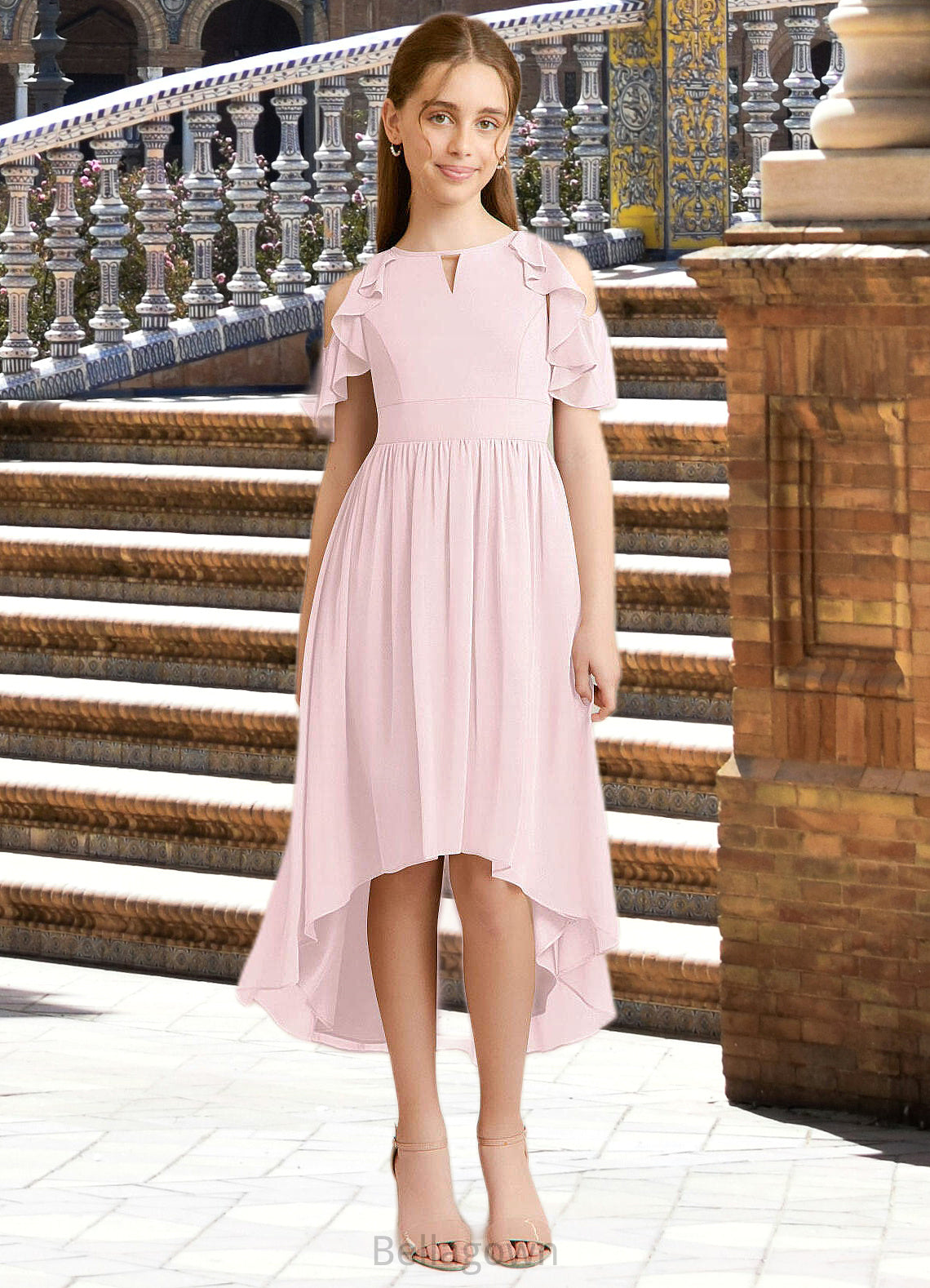 Macy A-Line Ruched Chiffon Asymmetrical Junior Bridesmaid Dress Blushing Pink DNP0022862