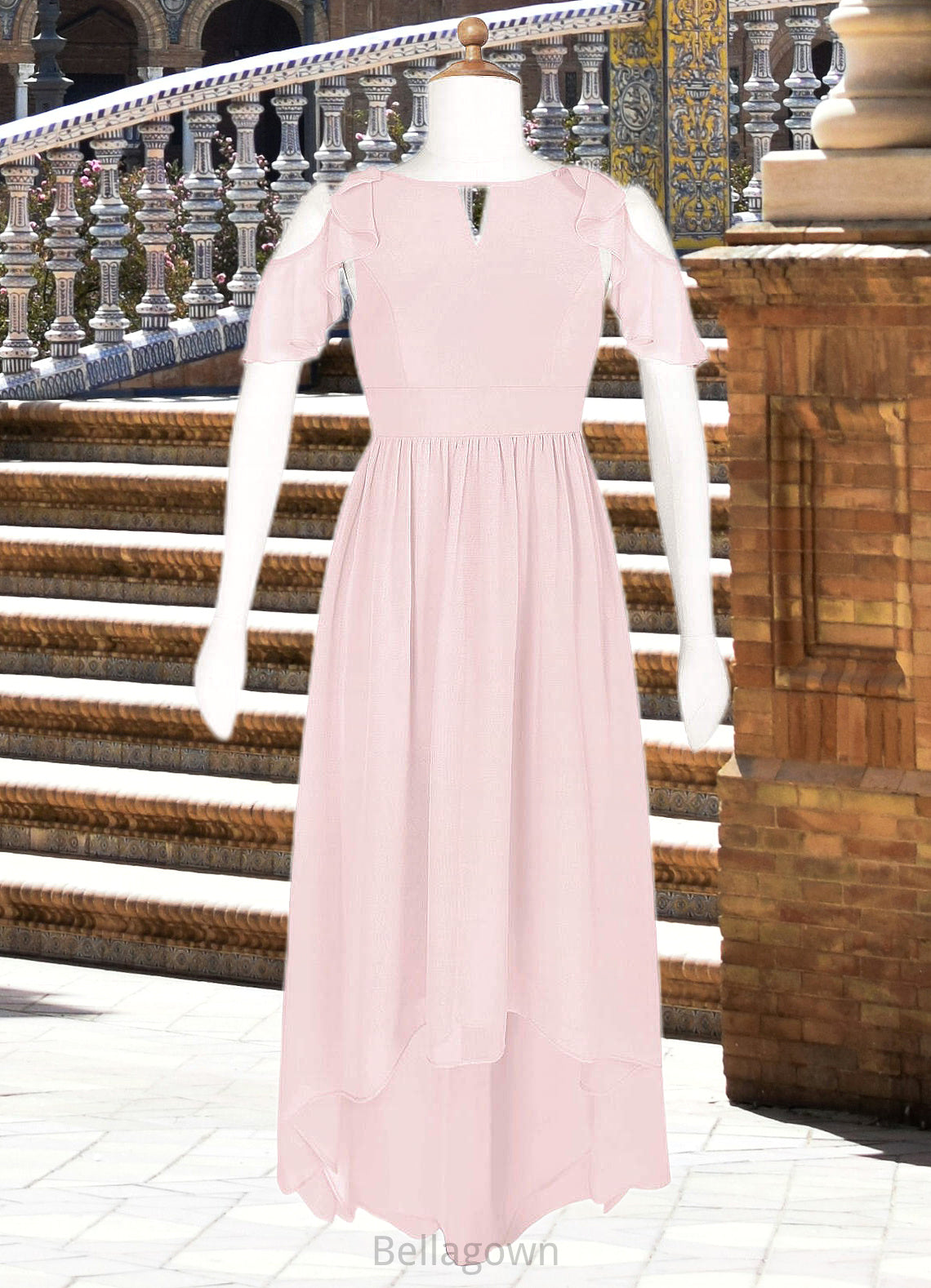 Macy A-Line Ruched Chiffon Asymmetrical Junior Bridesmaid Dress Blushing Pink DNP0022862