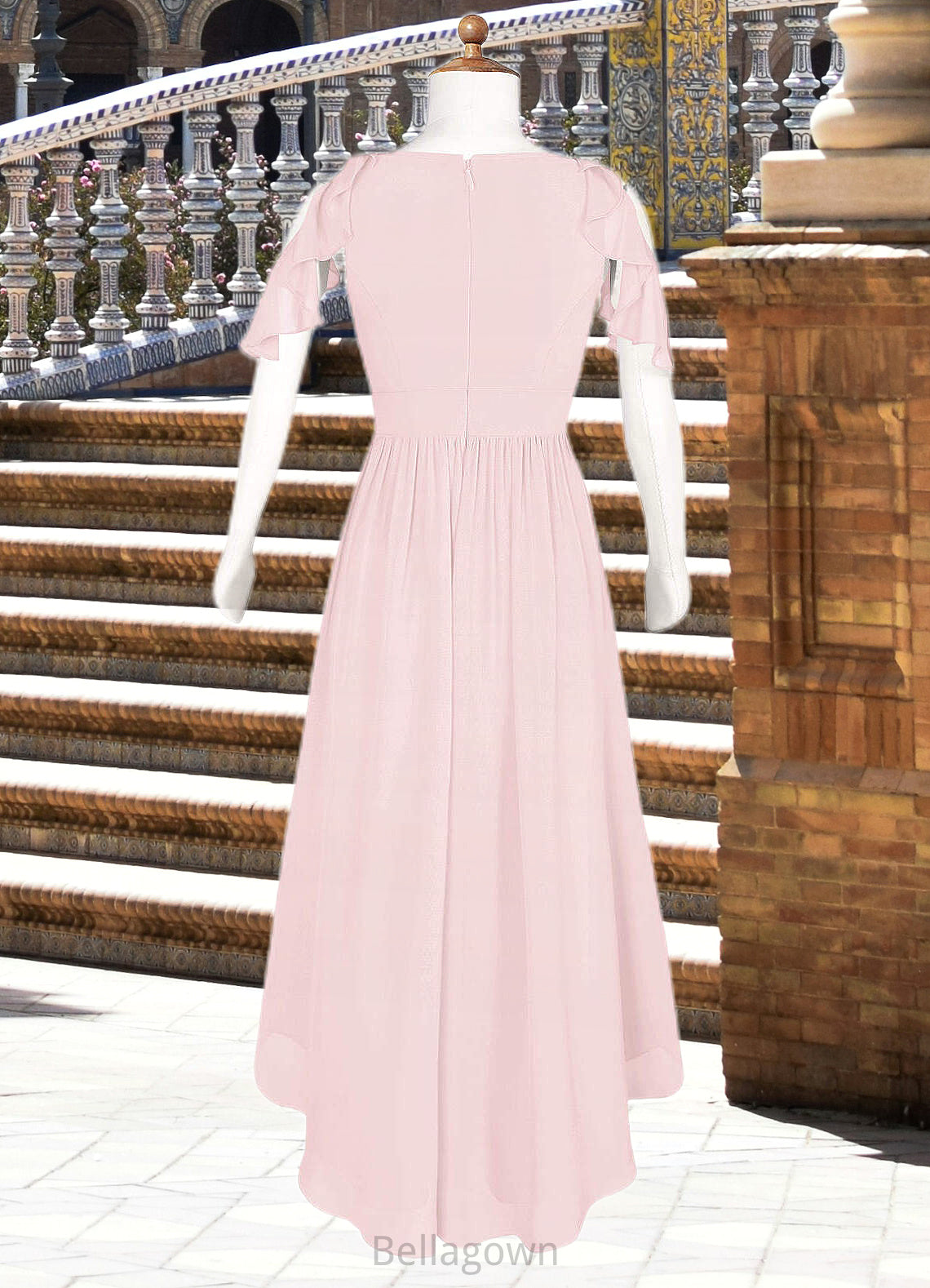 Macy A-Line Ruched Chiffon Asymmetrical Junior Bridesmaid Dress Blushing Pink DNP0022862