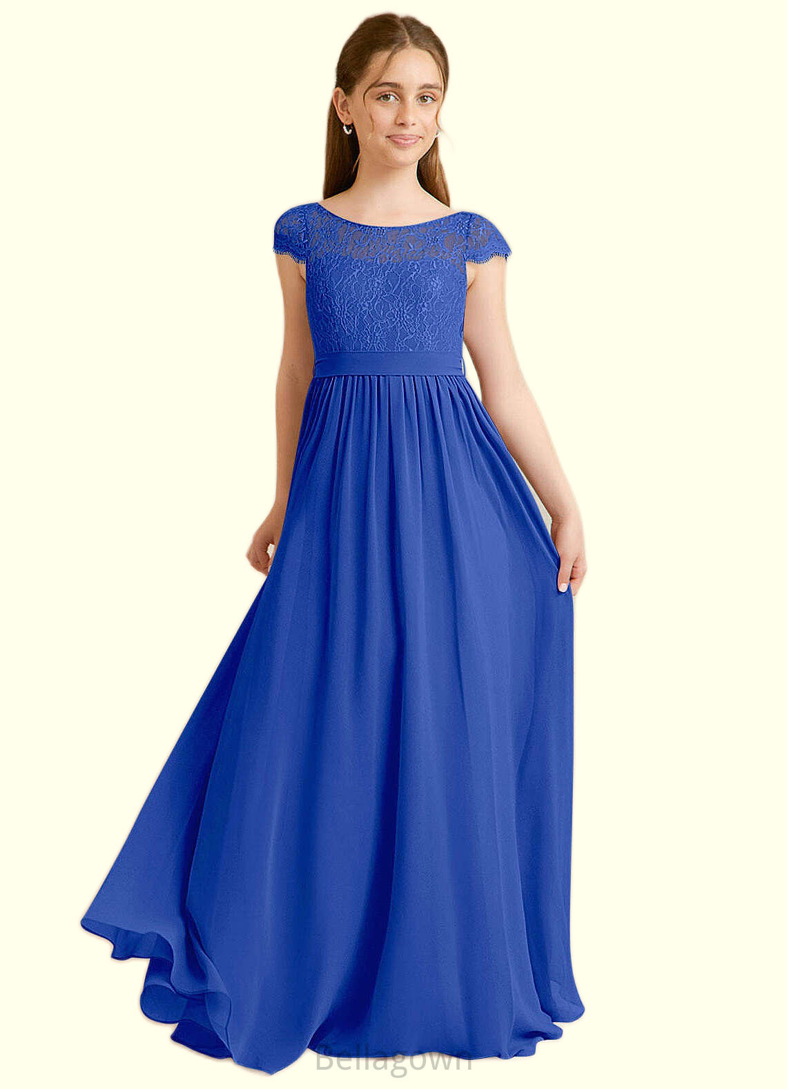 Sarai A-Line Pleated Chiffon Floor-Length Junior Bridesmaid Dress Royal Blue DNP0022863