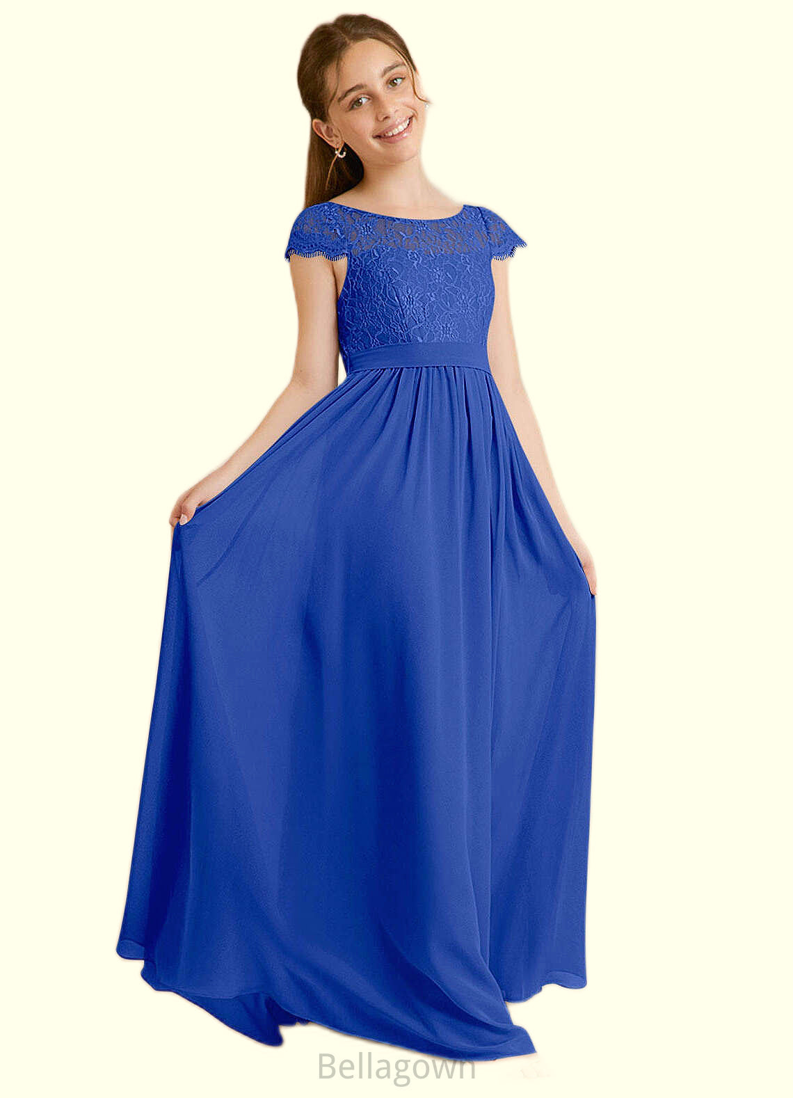 Sarai A-Line Pleated Chiffon Floor-Length Junior Bridesmaid Dress Royal Blue DNP0022863