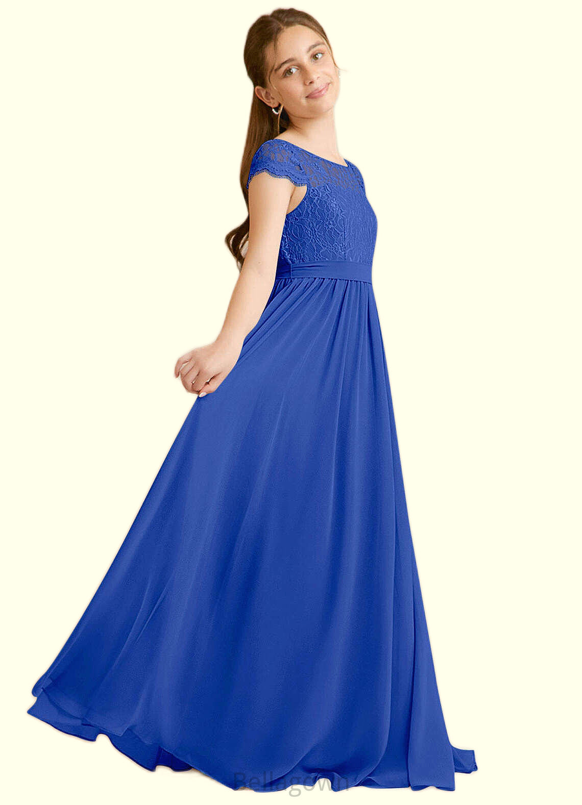 Sarai A-Line Pleated Chiffon Floor-Length Junior Bridesmaid Dress Royal Blue DNP0022863