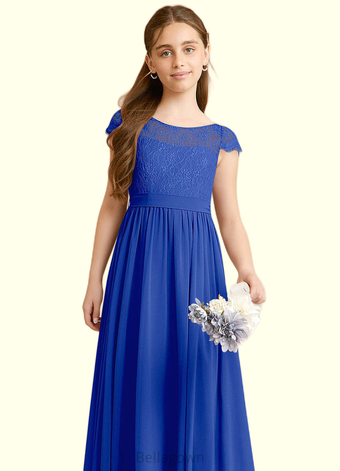 Sarai A-Line Pleated Chiffon Floor-Length Junior Bridesmaid Dress Royal Blue DNP0022863