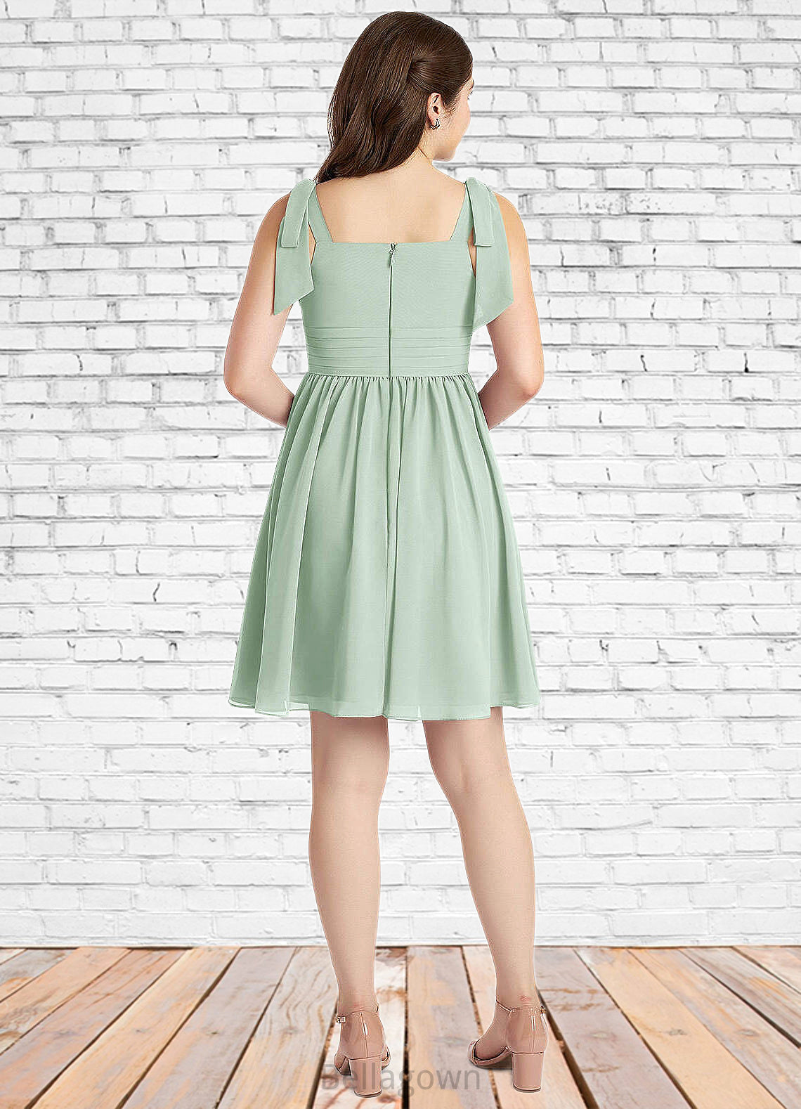 Dayana A-Line Pleated Chiffon Mini Junior Bridesmaid Dress Agave DNP0022864