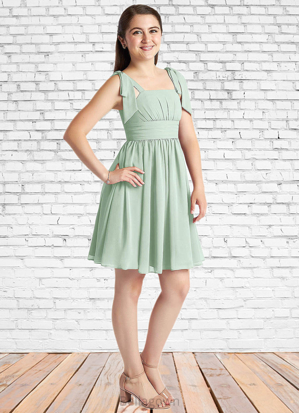 Dayana A-Line Pleated Chiffon Mini Junior Bridesmaid Dress Agave DNP0022864