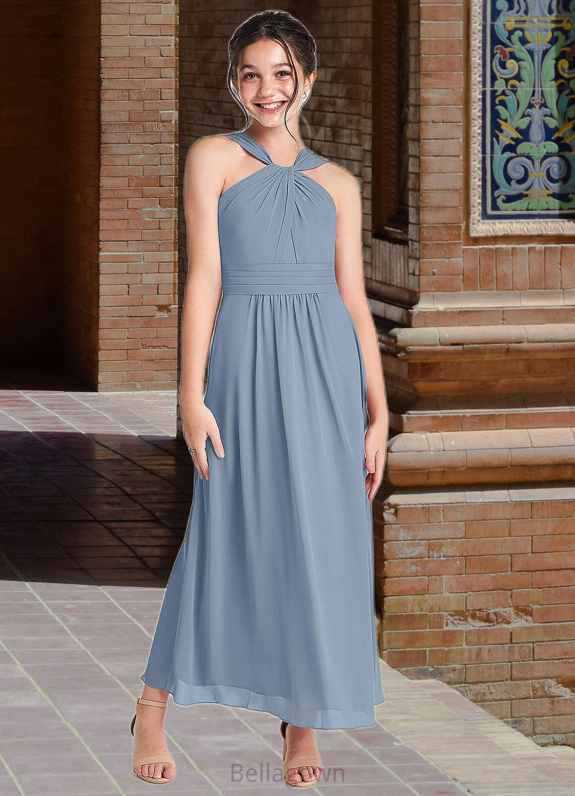 Willa A-Line Pleated Chiffon Ankle-Length Junior Bridesmaid Dress dusty blue DNP0022866