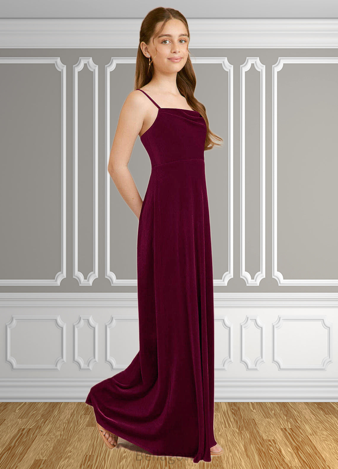 Everleigh A-Line Velvet Floor-Length Junior Bridesmaid Dress Cabernet DNP0022870