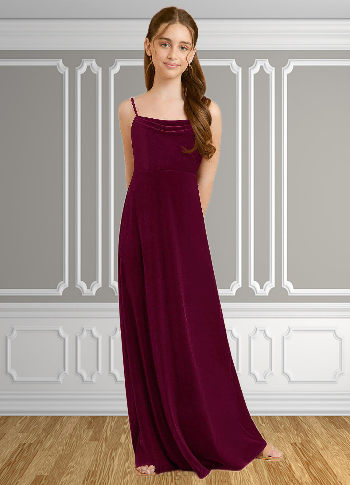 Everleigh A-Line Velvet Floor-Length Junior Bridesmaid Dress Cabernet DNP0022870