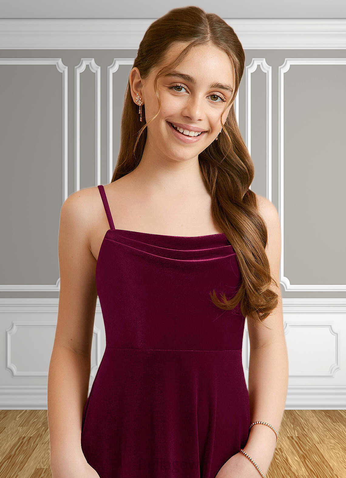 Everleigh A-Line Velvet Floor-Length Junior Bridesmaid Dress Cabernet DNP0022870