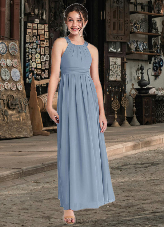 Azaria A-Line Lace Chiffon Floor-Length Junior Bridesmaid Dress dusty blue DNP0022871