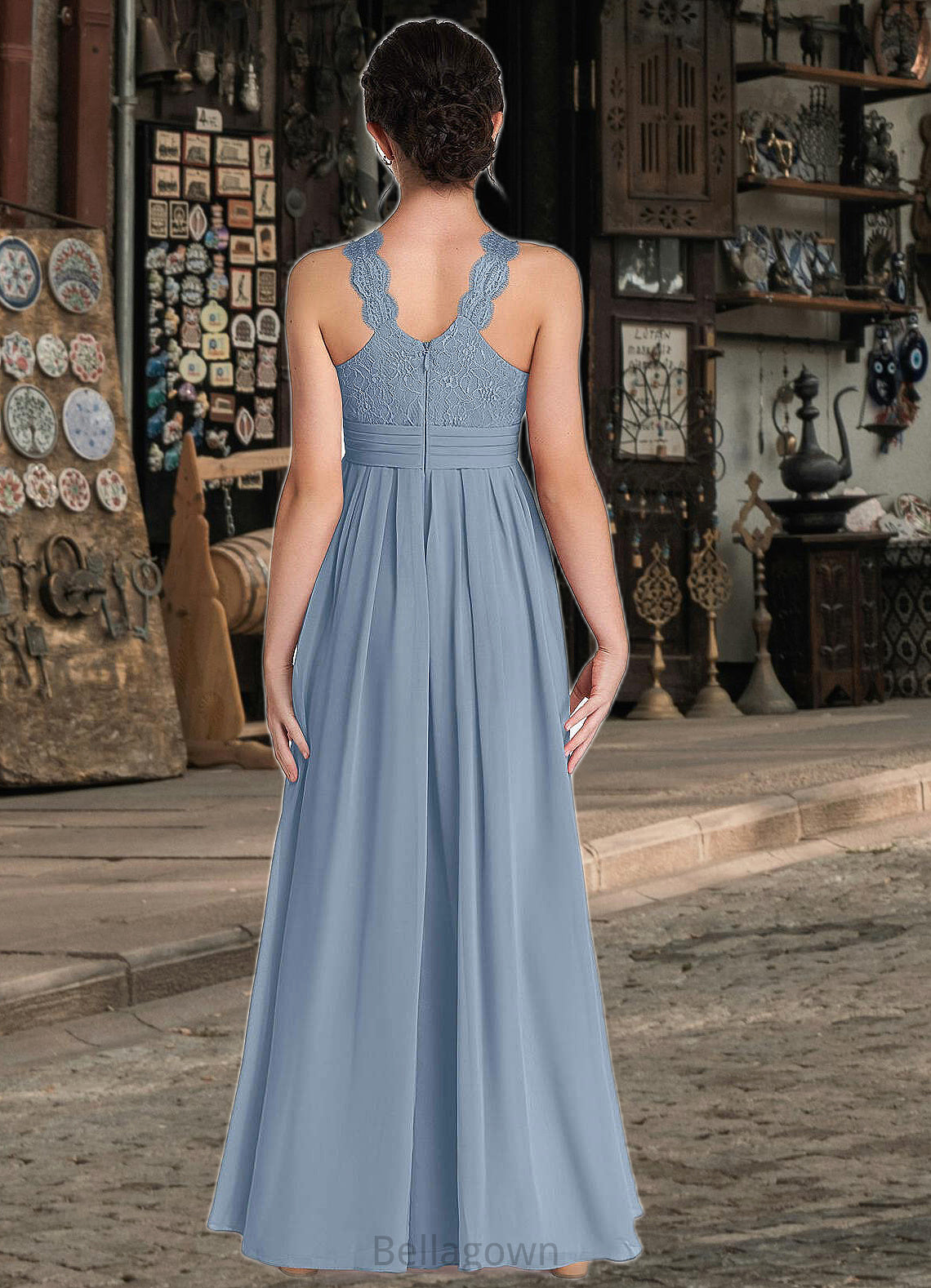 Azaria A-Line Lace Chiffon Floor-Length Junior Bridesmaid Dress dusty blue DNP0022871