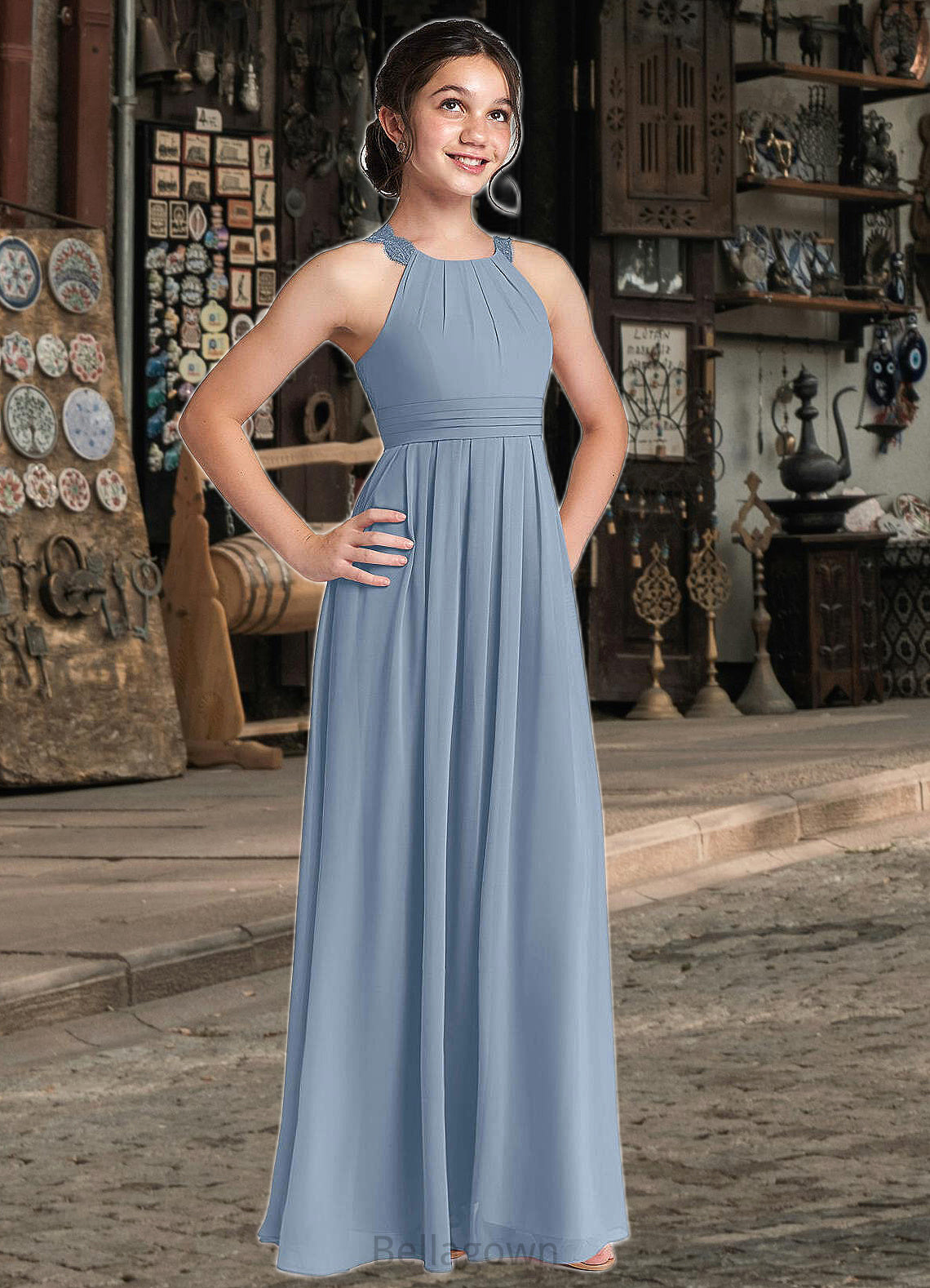 Azaria A-Line Lace Chiffon Floor-Length Junior Bridesmaid Dress dusty blue DNP0022871