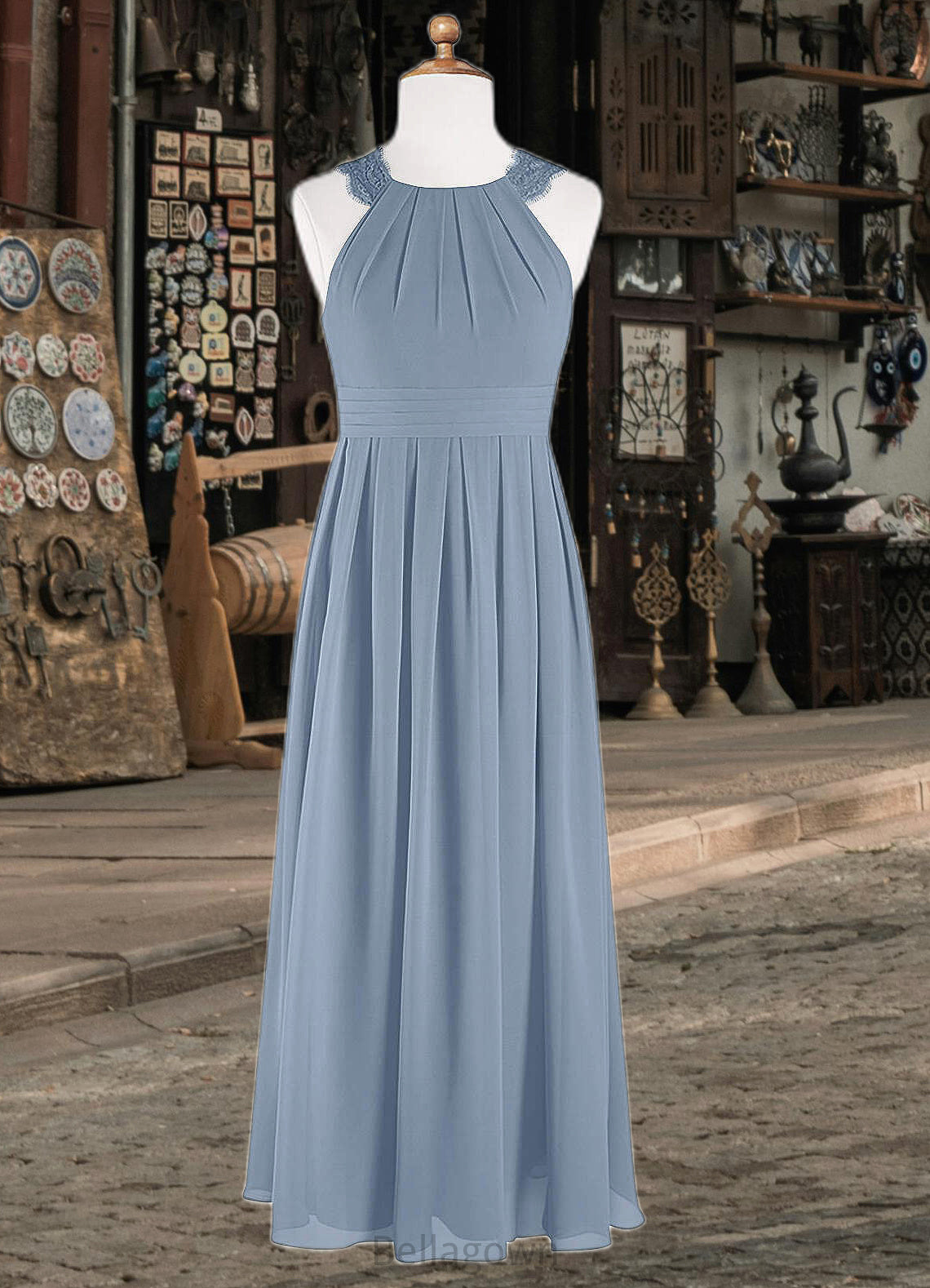 Azaria A-Line Lace Chiffon Floor-Length Junior Bridesmaid Dress dusty blue DNP0022871