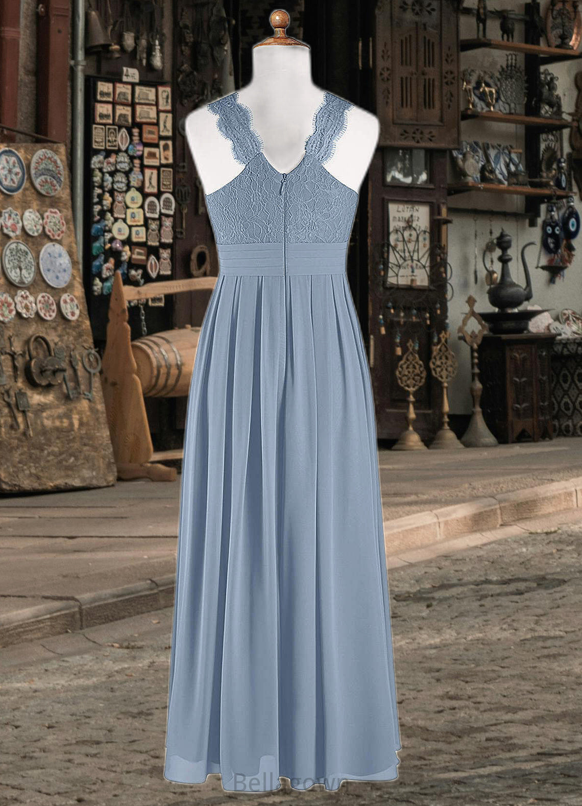 Azaria A-Line Lace Chiffon Floor-Length Junior Bridesmaid Dress dusty blue DNP0022871