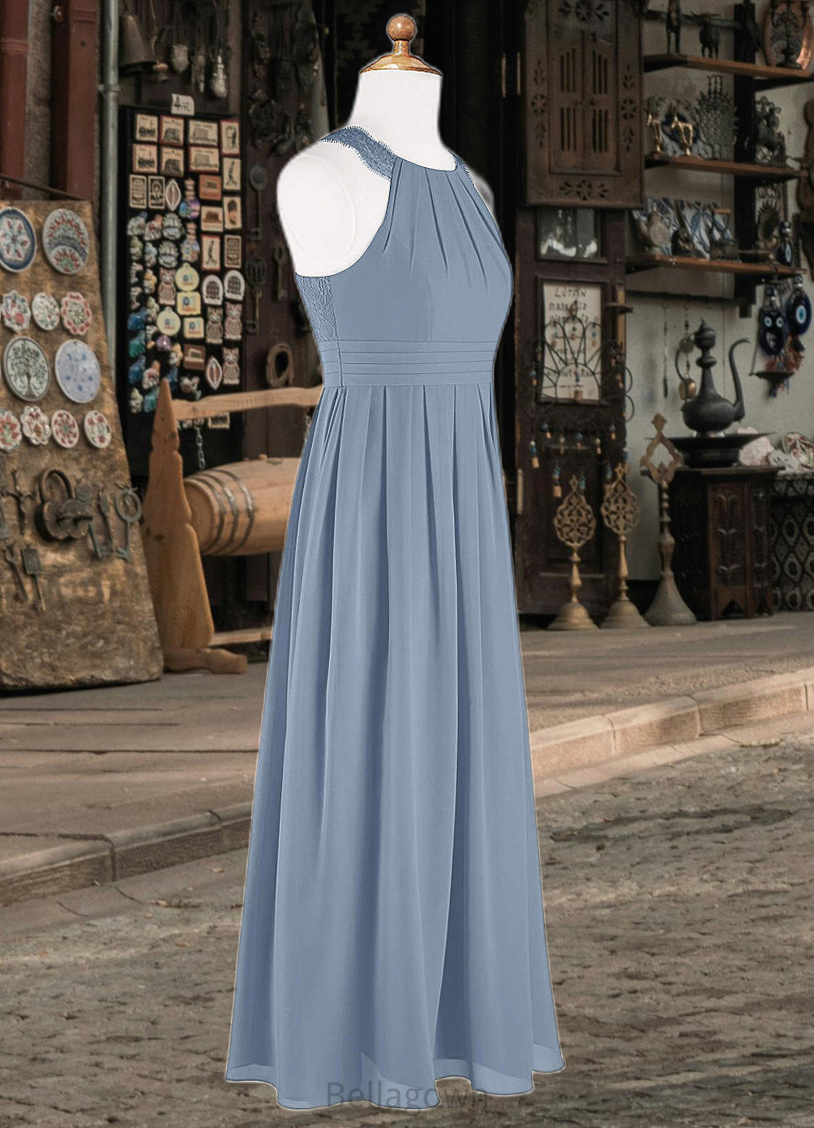 Azaria A-Line Lace Chiffon Floor-Length Junior Bridesmaid Dress dusty blue DNP0022871