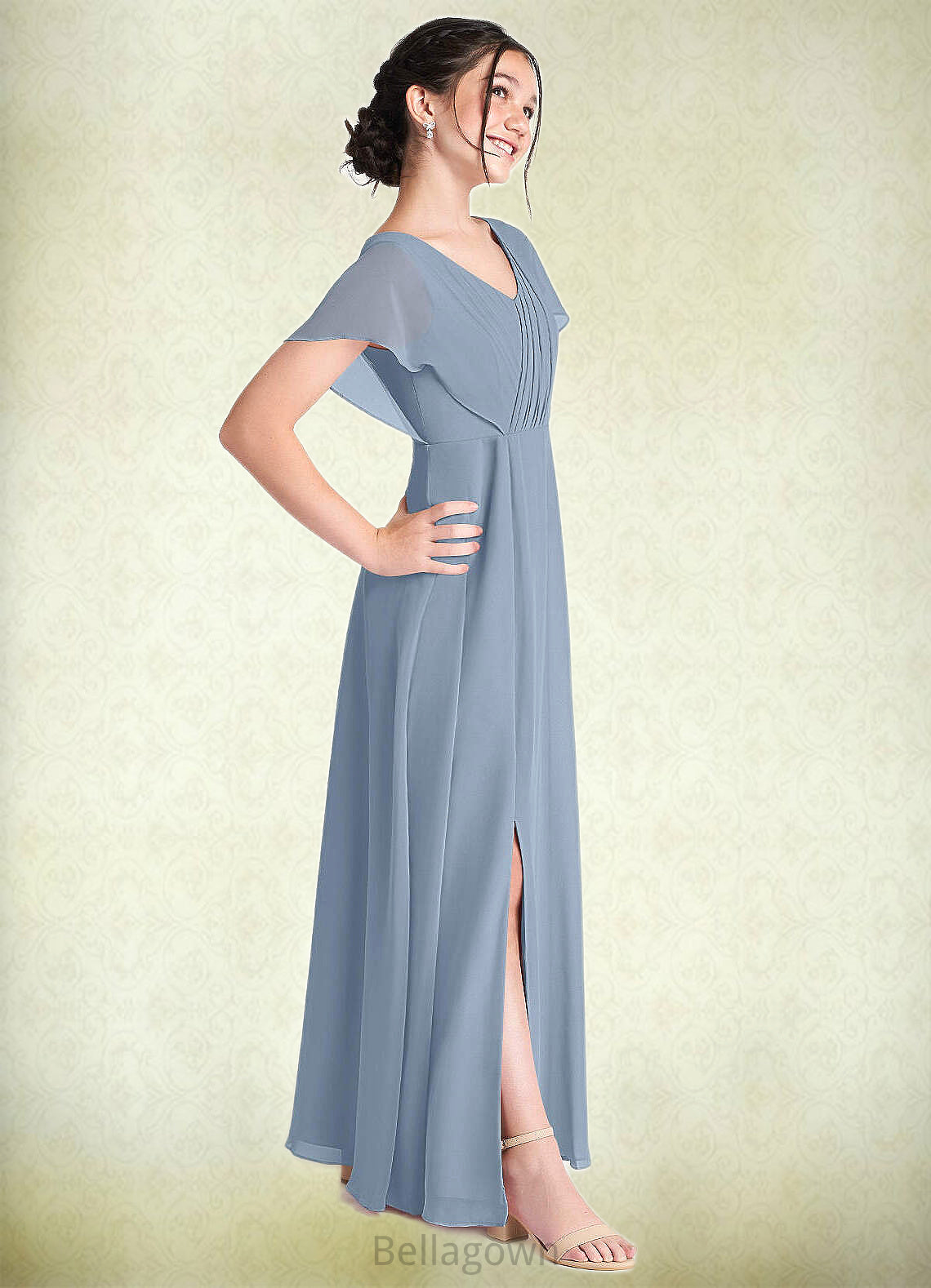 Denisse A-Line Ruched Chiffon Floor-Length Junior Bridesmaid Dress dusty blue DNP0022872