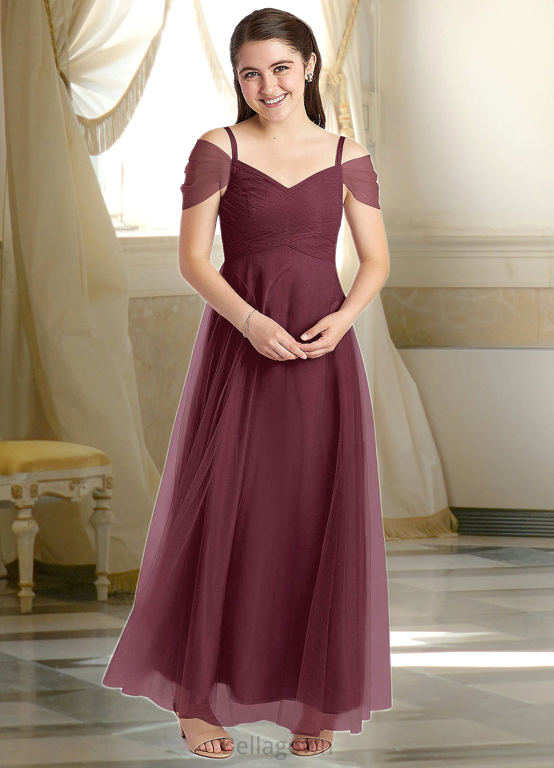 Angel A-Line Off the Shoulder Tulle Floor-Length Junior Bridesmaid Dress Cabernet DNP0022873