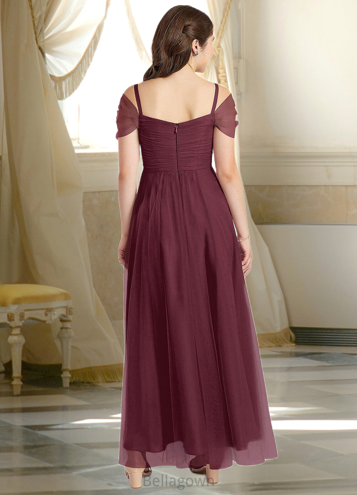 Angel A-Line Off the Shoulder Tulle Floor-Length Junior Bridesmaid Dress Cabernet DNP0022873