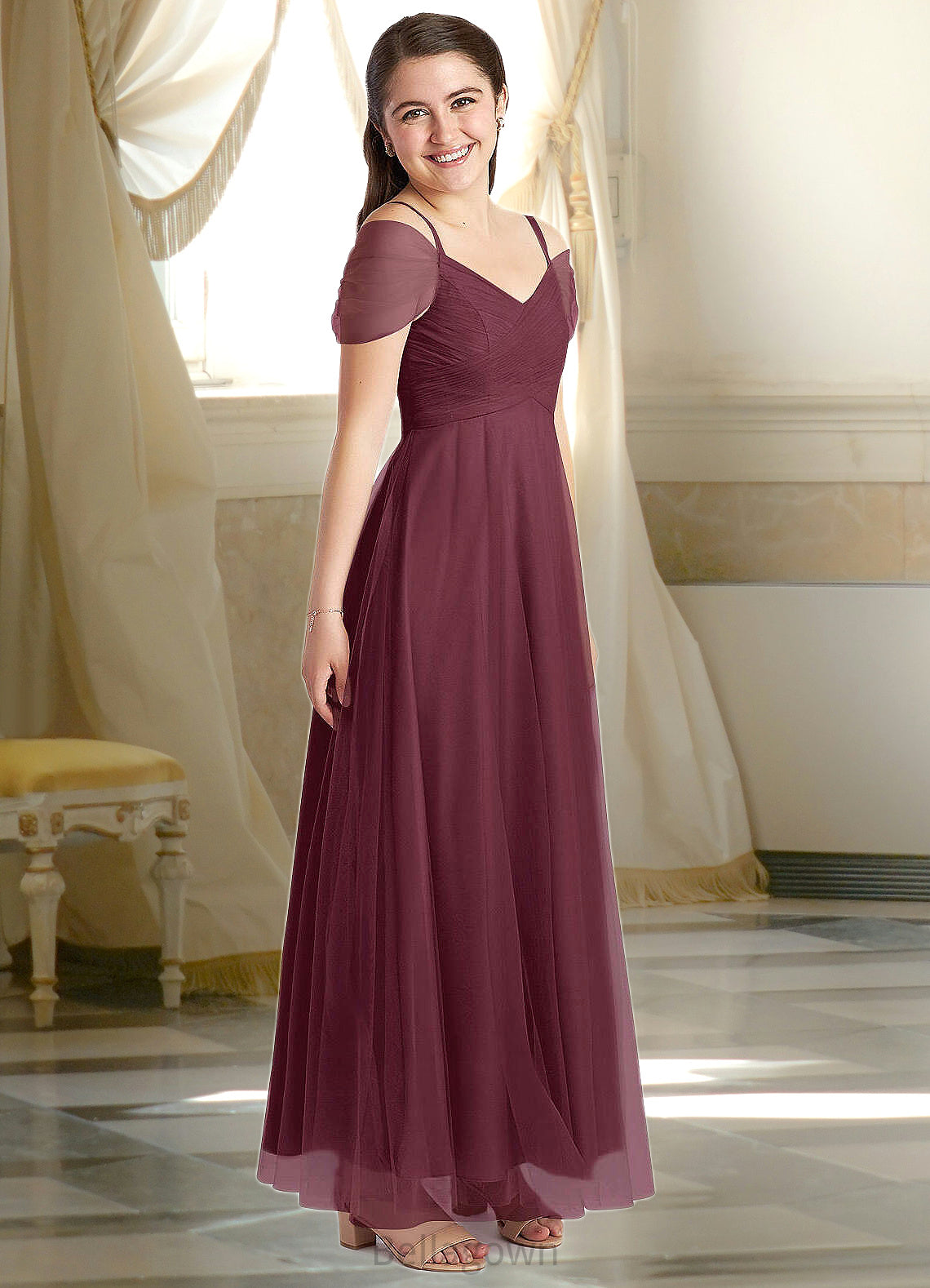 Angel A-Line Off the Shoulder Tulle Floor-Length Junior Bridesmaid Dress Cabernet DNP0022873