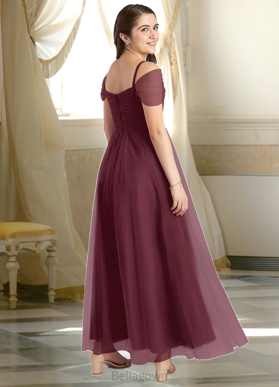 Angel A-Line Off the Shoulder Tulle Floor-Length Junior Bridesmaid Dress Cabernet DNP0022873