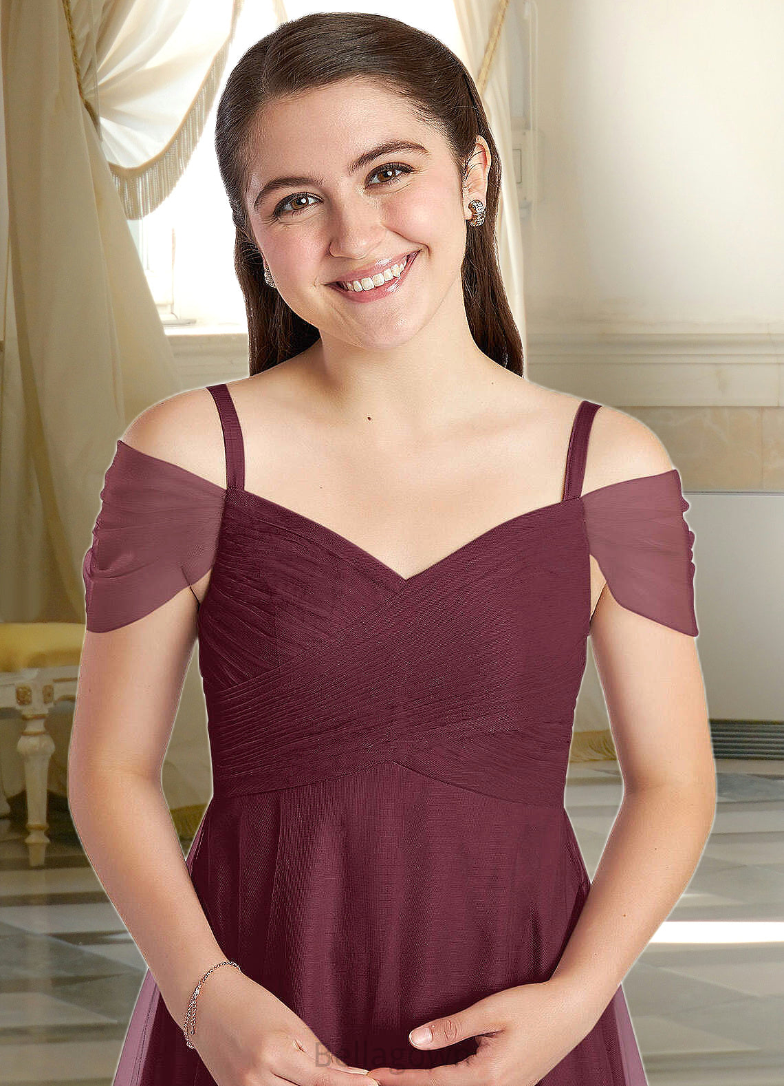 Angel A-Line Off the Shoulder Tulle Floor-Length Junior Bridesmaid Dress Cabernet DNP0022873