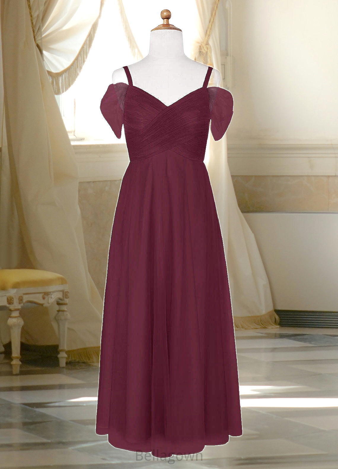 Angel A-Line Off the Shoulder Tulle Floor-Length Junior Bridesmaid Dress Cabernet DNP0022873