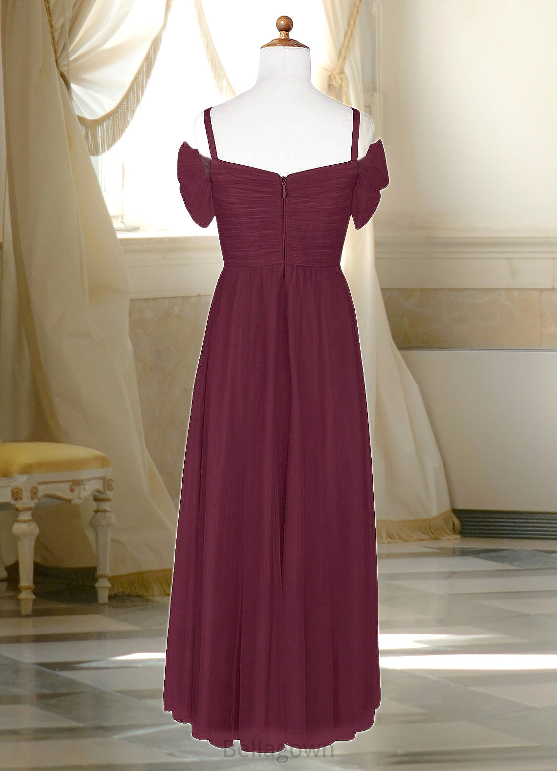 Angel A-Line Off the Shoulder Tulle Floor-Length Junior Bridesmaid Dress Cabernet DNP0022873