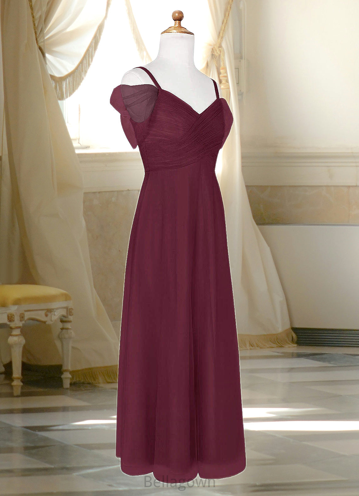 Angel A-Line Off the Shoulder Tulle Floor-Length Junior Bridesmaid Dress Cabernet DNP0022873