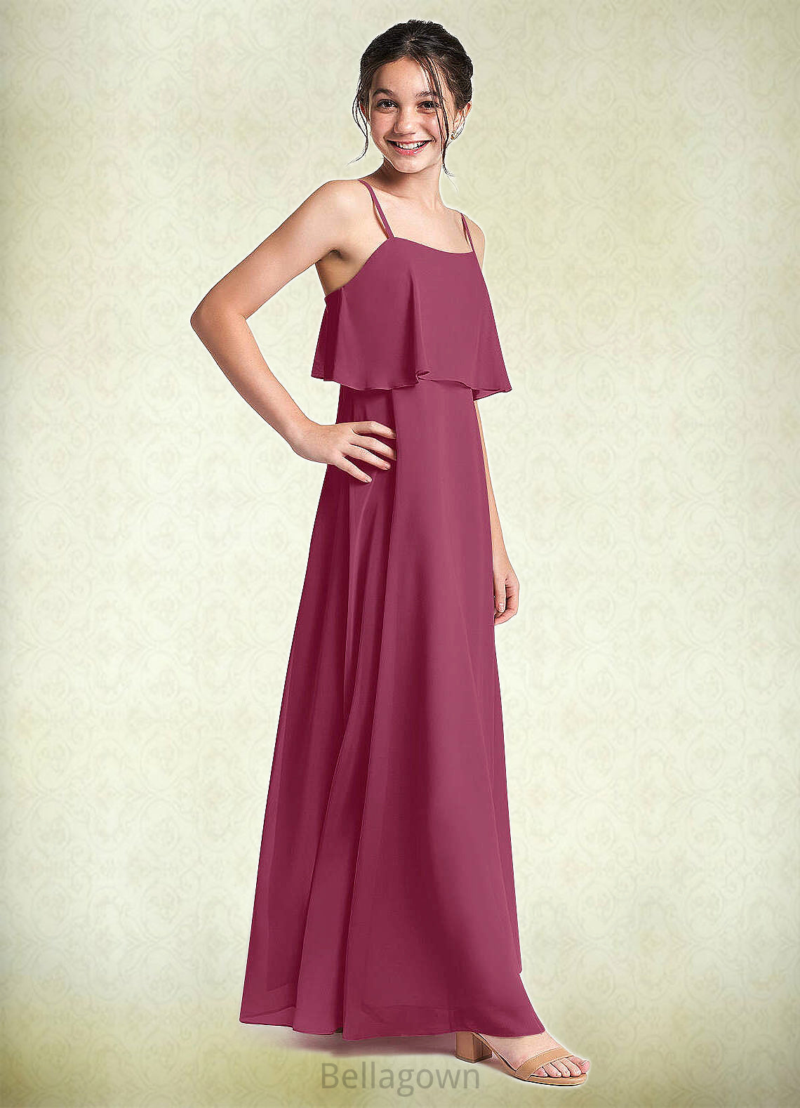 Paula A-Line Ruched Chiffon Floor-Length Junior Bridesmaid Dress Mulberry DNP0022874