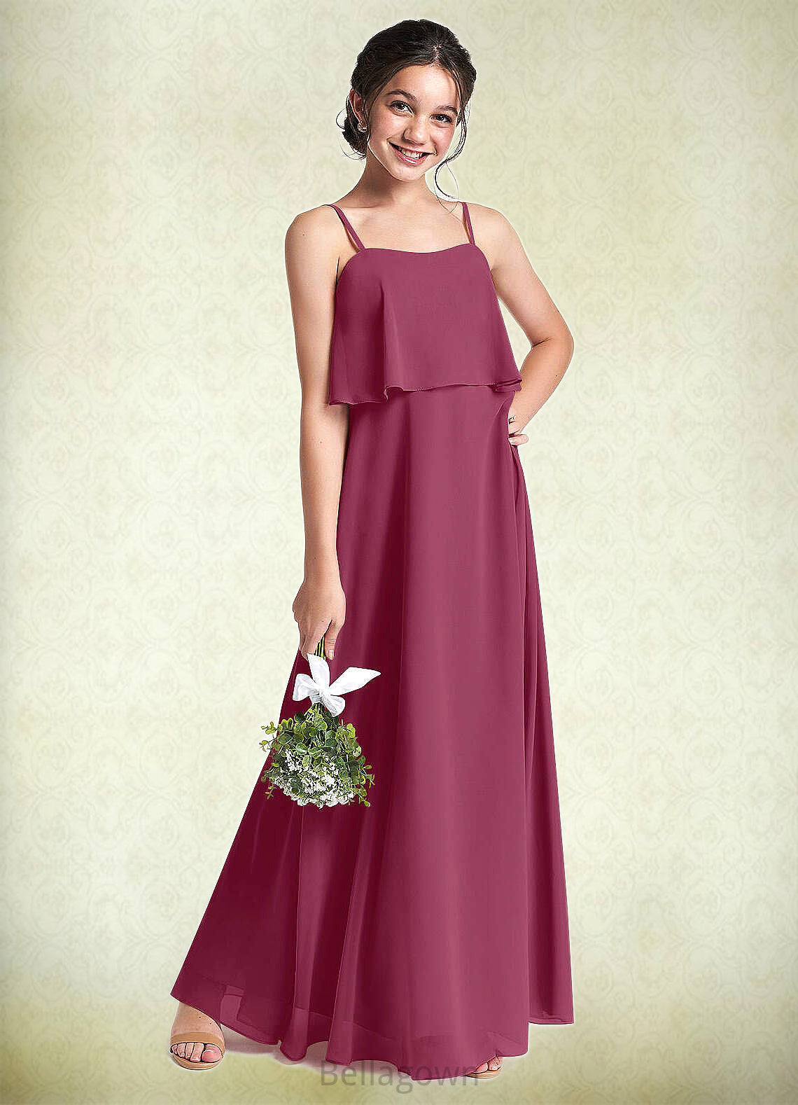 Paula A-Line Ruched Chiffon Floor-Length Junior Bridesmaid Dress Mulberry DNP0022874