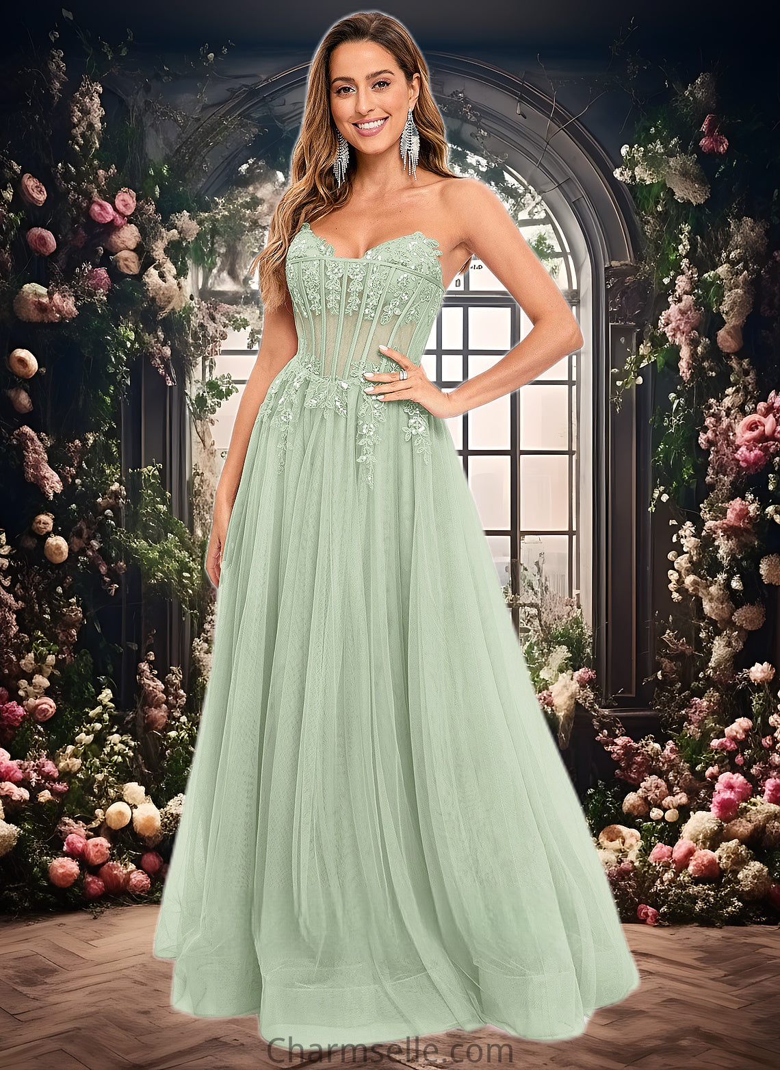 Aliza Ball-Gown/Princess V-Neck Floor-Length Tulle Prom Dresses With Sequins Appliques Lace DNP0025837