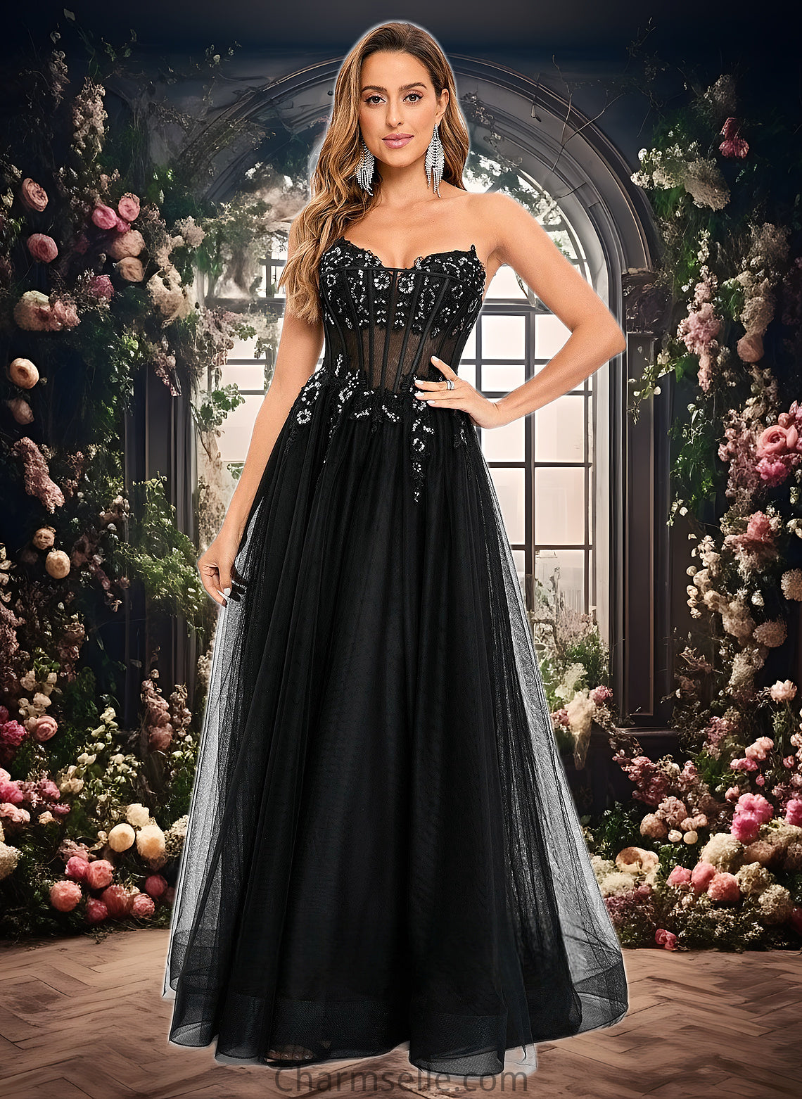 Aliza Ball-Gown/Princess V-Neck Floor-Length Tulle Prom Dresses With Sequins Appliques Lace DNP0025837